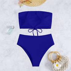 Shein Bikinis Shein Summer Beach RibKnit Bikini Set Lace Up Bandeau Bra Top High Waist Bikini Bottom Piece Swimsuit Strapless Bikini Set