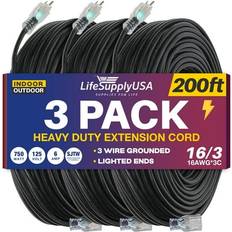 Extension Cords LifeSupplyUSA 200FT Power Extension Cord Outdoor & Indoor Waterproof Electric Drop Cord Cable 3 Prong SJTW 16 Gauge 6 AMP 125 Volts 750 Watts 16/3 by