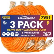 Orange Extension Cords LifeSupplyUSA 75FT Power Extension Cord Outdoor & Indoor Waterproof Electric Drop Cord Cable 3 Prong SJTW 16 Gauge 10 AMP 125 Volts 1250 Watts 16/3