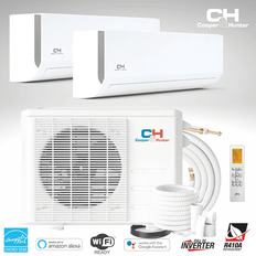 Cooper & Hunter Sold by: MiniSplits4Less, Cooper & Hunter 18000 BTU 230V Wall Mounted Dual 2 Zone Mini Split Heat Pump Air Conditioner 22.5 SEER 6000 6000 BTU Cover 500 Sq Ft WiFi