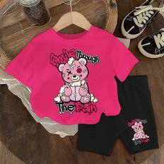 M Other Sets Shein Baby Girls Short Sleeve TShirt And Shorts Set Casual And Cute Harlequin Bear Design Comfortable And Adorable Letter Printed Outfits Suitable For