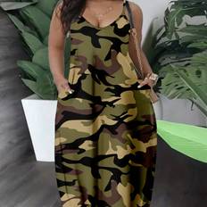 Dresses Shein Casual Military Green Camouflage Printed Loose Strappy Pocket Dress For Women