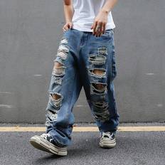 Men - Oversize Trousers & Shorts Shein Men Loose Fit Wide Leg Casual Jeans With Ripped And Pockets Oversize Long Dark Jean Cargo Plain Blue Going Out Grunge Rapper