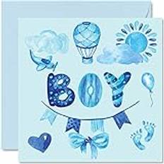 STUFF4 New Baby Boy Card Blue Watercolours Congratulations Baby Boy Cards Newborn, Well Done Congrats New Baby Cards, Welcome To The World Home Gifts, 145mm x 145mm Baby Greeting Cards for Parents