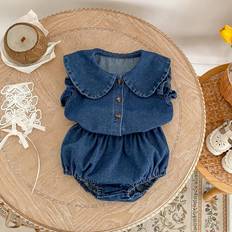 Children's Clothing Shein Summer New Style Years Old Baby Girl Fashionable Sleeveless Outfit Denim Peter Pan Collar TopPants Set