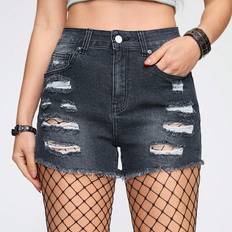 Denim Shorts - Grey Shein Womens Summer Punk Fashion Distressed Frayed Denim Shorts