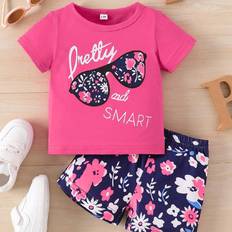 M Other Sets Shein Baby Girls Cute Glasses Allover Print Short Sleeve Top And Allover Print Shorts Set For Summer Casual Outfits