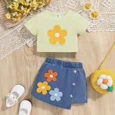 Shein pcs Baby Girls Summer Outfits Round Neck Short Sleeve Cute Flower Towel Embroidered Top And Denim Skirt Set