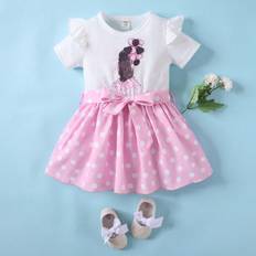M Dresses Shein Baby Girl Summer Casual Character Print Polka Dot Hem Short Sleeve Dress