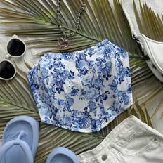 Synthetic Dresses Shein Ladies Vacation Style Strapless Dress In Blue White Watercolor Floral Print Elastic Fabric Chevron Stitching And Decoration Versatile For Graduation
