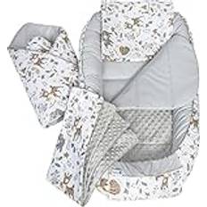 Medi Partners 5 teilig Babynestchen Set Babynest 100x60x15 herausnehmbarer Einsatz Bett Kuschelnest Krabbeldecke Babys Neugeborene 100% Baumwolle REH mit Grauem Minky