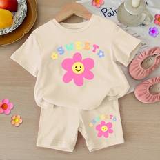 Other Sets Shein Baby Girls Casual And Simple Flower Printed Short Sleeve TShirt And Shorts Set Suitable For Summer