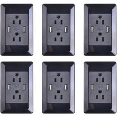 Green Wall Outlets GREENCYCLE 6 Pack 2A Smart Dual USB Charger Wall Plate Outlet Socket 15A AC Power Outlet Charging Receptacle Black Adapter ETL Listed