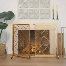 Barton Sold by: IHUBDEAL, 44 x 33 2-Panel Handcrafted Wrought Decorative Mesh Fireplace Screen Fire Spark Guard With Magnetic Doors Gold