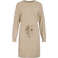 Vila Dame Kjoler Vila ViRil O-neck L/S Belt Knit Dress - Beige