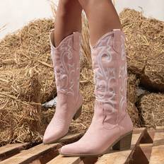 Pink Boots Shein Womens Pink Western Boots Autumn Winter Embroidered Pointed Toe Chunky Heel MidCalf