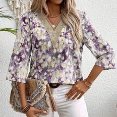 Tops Shein Womens VNeck Patchwork Floral Pattern Midi Blouse Casual Daily Wear