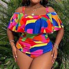 Women Swimsuits Shein Plus Summer Beach Print Ruched Lace Off Shoulder OnePiece Swimsuit