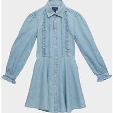 Girls Dresses Polo Ralph Lauren Girl's Chambray Floral-Trim Frill Dress, 7-16 NEW WASH