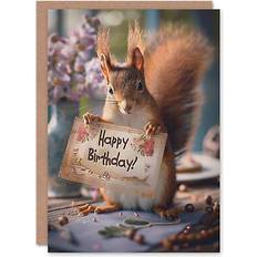 Brown Cards & Invitations ARTERY8 Birthday card cute red squirrel on table holding sign greeting card