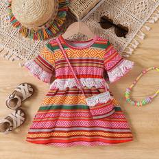 M Dresses Shein Baby Girl Summer New Arrival Geometric Printed Short Sleeve Fringed Hem Dress