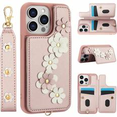 Apple iPhone 15 Plus Wallet Cases Shein Compatible With Iphone Plus Pro Max Stereo Flower Wallet CasePU Leather Flip Shockproof Case With Lanyard Kickstand Womens Wallet Phone CaseRose