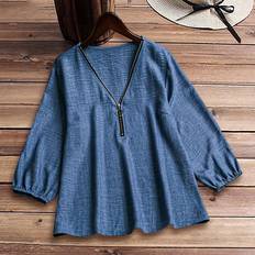 Blue - Women Blouses Shein Womens Drop Shoulder Short Sleeve Half Zip VNeck Blouse For Summer