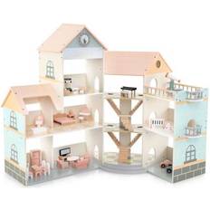 Space Play Set Costway Wooden Corner Dollhouse Playset with 41 Pieces of Accessories for Kids 3 Years Old-Orange