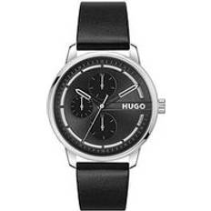 Watches HUGO Gents #STAMP MULTI Black Leather Watch, Black, Men