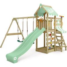 Wickey Wooden climbing frame VanillaFlyer with swing set and slide, Garden playhouse with sandpit, climbing ladder & play-accessories pastel