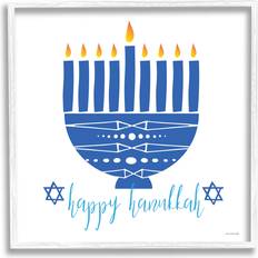 Stupell Industries Happy Hanukkah Patterned Blue Menorah White Framed Art 17x17"