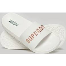 women's logo vegan pool slides white metallic rose gold
