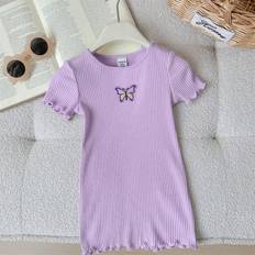 18-24M Dresses Shein Cute Knitted Casual Stretch Wave Edge Embroidery Pattern Short Sleeve Dress For Baby Girl