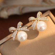 Shein pair BowknotShaped Pearl Diamond Inlaid Earrings With Elegant And Sophisticated Design