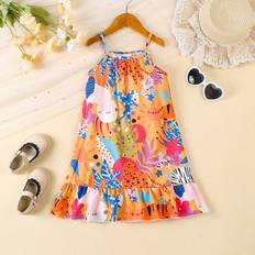 Children's Clothing Shein Young Girl Tropical Print Ruffle Hem Cami Dress For Vacation Casual Wear