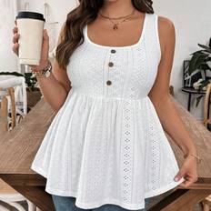 Shein Tank Tops Shein Plus Women Summer Holiday Button Decor BurnOut Embroidery Ruffle Hem Tank Top