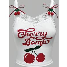 Lace Tank Tops Children's Clothing Shein Young Girls Casual Solid Color Cherry Printed Collar With Lace Shoulder Straps Tank Top With Cherry Decor