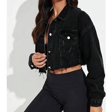 Shein Flap Pocket Raw Hem Crop Denim Jacket