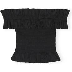 Cotton Poplin Off Shoulder Smock Top - Black