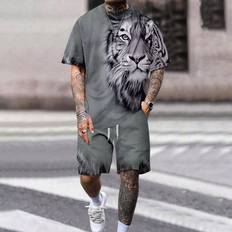 Shein Mens Plus Fashionable Tiger Printed TShirt Set