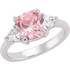 Pink - Solitaire Rings Jewelco London Cushion and Triangle Shoulder Set Solitaire Ring - Silver/Pink/Transparent