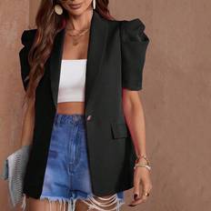 Shein Blazers Shein Puff Sleeve Resin Button Straight Shoulder Blazer