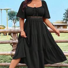 Shein Elegant Plus Womens V Neckline LaceUp Front Belted Dress