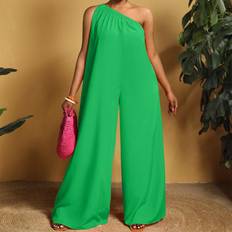 Boat Neck Jumpsuits & Overalls Shein Plus Vacation One Shoulder Solid Color Wide Leg Jumpsuit