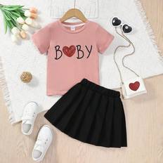 Black Other Sets Shein Family Matching Outfits Mommy And Me Pink Letter Print Short Sleeve TShirt And Black Pleated Skirt Set Pieces Sold Together The Third Piece Sold Sepa