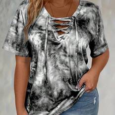 Shein Batik T-Shirt mit Schnürung vorne in Große Größen