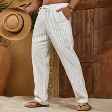 Shein Byxor & Shorts Shein Randiga herrbyxor med hg midja med dragsko med fickor Baggy Long Slacks Cool Stripe Enfrgad Helvit ut Maken