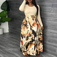 Clothing Shein Plus Elegant Casual Solid Color Slim Fit Round Neck Long Sleeve Printed ALine Hem Long Dress For Autumn And Winter