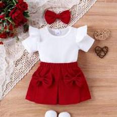 Shein Baby Girl Enfrgad volang fll Topp med rosett dekoration Plisserad kjol Set