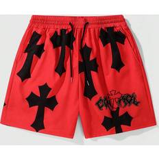 Red Shorts Shein Loose Fit Men Streetwear Cross Printed Drawstring Red Shorts Sweat Graphic Street Wear